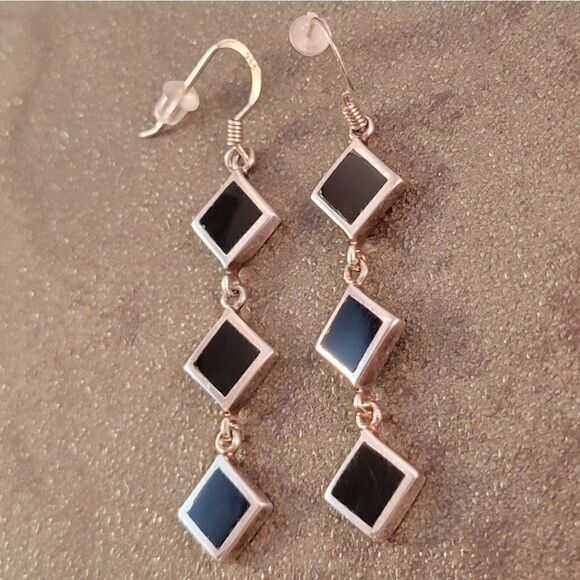 Sterling Silver Black Three Tier Onyx Dangle Drop Earring - Picture 4 of 8